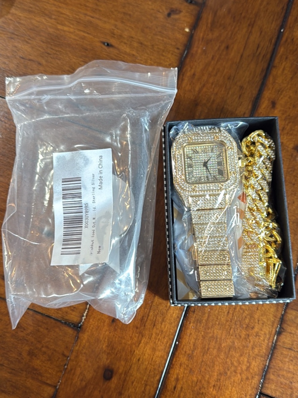 Gold Tone Iced Out Watch with Chain